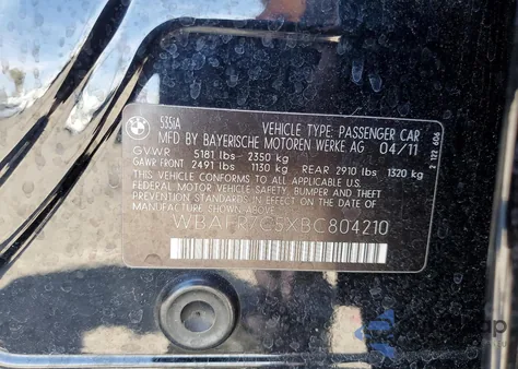 2011 BMW 535 I из США, поврежденный, VIN WBAFR7C5XBC804210